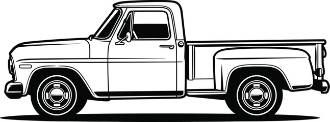 Classic vintage pickup truck in a detailed black and white line art illustration side profile view 1. © Vhya