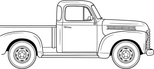 Classic vintage pickup truck in a detailed black and white line art illustration side profile view. © Vhya