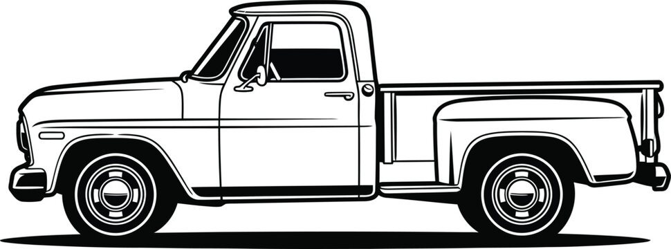 Classic vintage pickup truck in a detailed black and white line art illustration side profile view 1.