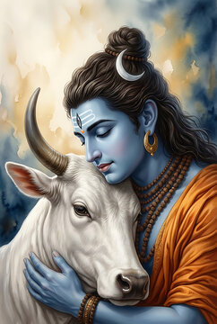 emotional bond between lord shiva and nandi bull for maha shivaratri holy festival representing mahadev compassion and sacred connection in beautiful watercolor style artistic