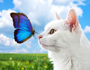 A white cat looks at a blue butterfly in a green field