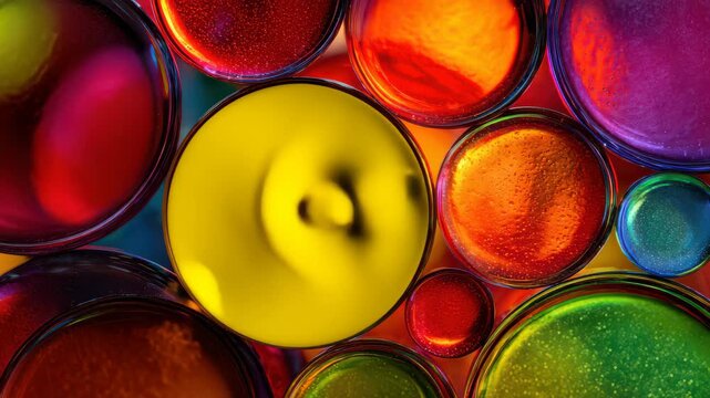 Colors and bubbles in glass spheres fill the space with vibrant shades of red, green, yellow, and blue during daylight hours