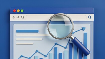 Digital Analysis: A detailed examination of digital information and trends, symbolized by a magnifying glass over a data-rich chart, represents a deep dive into the information age.