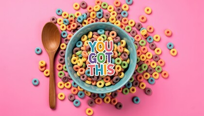 Fototapeta premium Breakfast Cheer: A vibrant, colorful bowl of cereal paired with a wooden spoon and an inspiring message, all set against a cheerful backdrop.