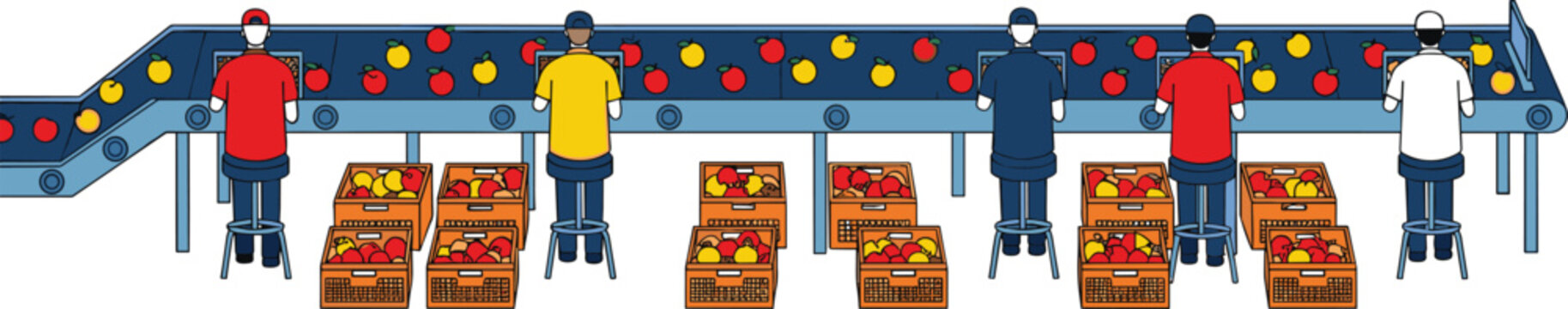 Factory production line with workers sorting packaged food boxes industrial assembly process teamwork manufacturing workflow flat vector illustration