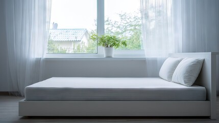 Fototapeta premium Bright and Minimalist Bedroom with White Bedding and Soft Greenery in a Cozy Space