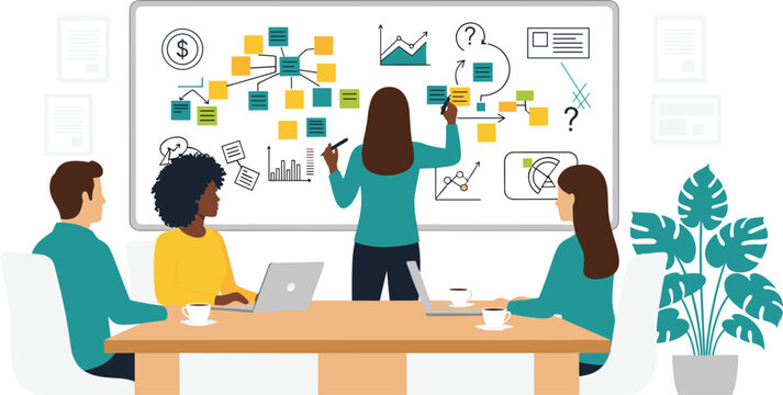 Business team meeting illustration with diverse professionals analyzing data charts strategy planning collaboration brainstorming and corporate presentation concept