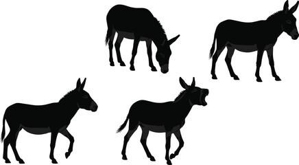 Detailed black donkey silhouettes vector illustration featuring animals in various natural poses grazing and walking on white background.