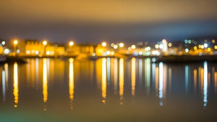 Nighttime waterfront with colorful lights blurred