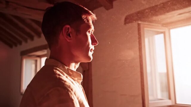 Young man looking out a sunlit window in a rustic room contemplating life and future.