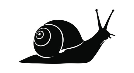 A striking black silhouette depicts a snail with prominent antennae and a swirling shell showcasing natural form silhouette high quality professional © CreativeAlim02