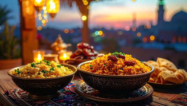 Aesthetic photography of Egyptian Ramadan food featuring traditional rice dishes flatbread and dates with a festive lantern