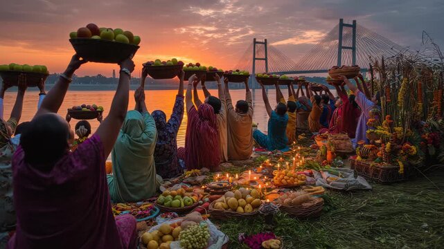 People gather by a riverbank during sunset to participate in a ritual, offering items and prayers as the sun sets behind a bridge in the background