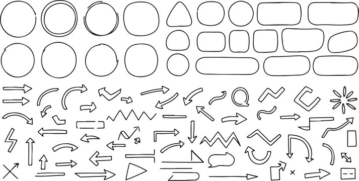 Sketch line frames, pointers. Doodle arrow, circle, oval and square shape frame, check mark elements. Freehand black marker, pen underline and navigation symbols