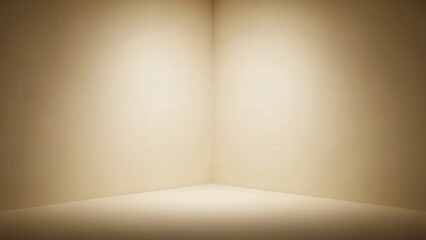 Fototapeta premium Empty corner room with soft lighting and beige walls, viewed from a slight angle, showcasing texture and subtle shadows on the floor.