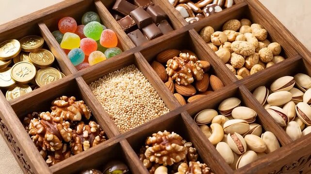 Traditional Chinese wooden snack box filled with assorted nuts and candies