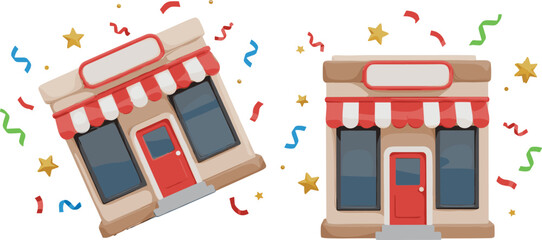 Cute storefront illustration set featuring small retail shop buildings with festive decorations, perfect for ecommerce, local business, opening announcement and marketing designs