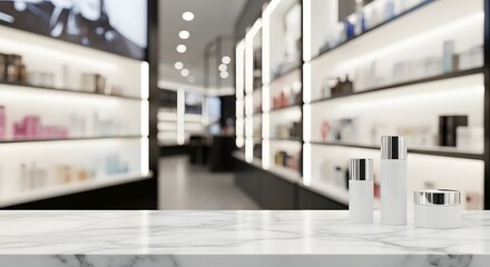 Modern Beauty Retail Background with Glowing Shelves and Marble Platform