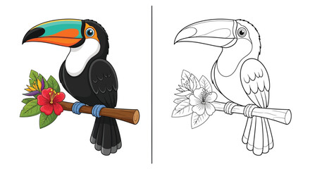 Fototapeta premium Tropical Toucan Coloring Page With Vibrant Exotic Flowers and Detailed Jungle Leaves