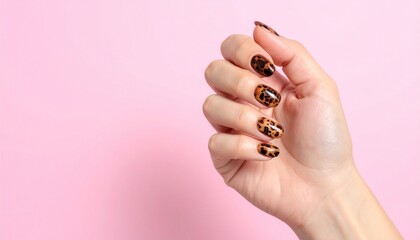 Hand with leopard print nails against pastel pink background showcasing animal print nail art trend