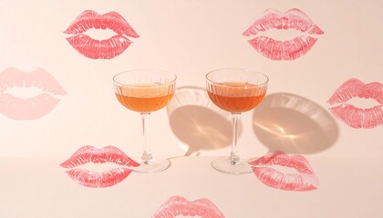 Two cocktail glasses with orange liquid and lip prints on a beige background creative bachelorette party concept with feminine and festive atmosphere