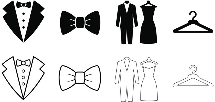 Event dress code thin line icon set with clothes, shirt, suit, tie, and hanger elements designed for fashion branding, weddings, ceremonies, celebrations, festivals, and modern vector illustration 