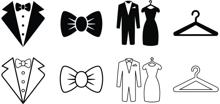Event dress code thin line icon set containing clothes, shirt, suit, tie, and hanger symbols for fashion, wedding, ceremony, celebration, festival, and formal occasion vector illustration