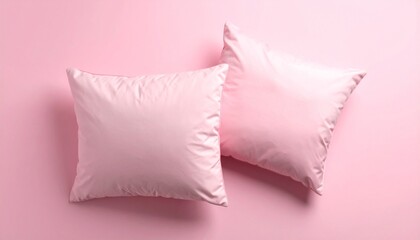 Soft pastel pink pillows on a matching background beauty sleep concept with two cushions