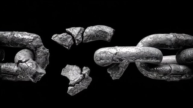 Broken chain shows sign of damage and wear due to stress in dark background highlighting the failure of strength and connection