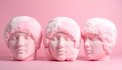 Soft plush pastel pink pillows in human head shape arranged in a row on pink background for home decor and comfort
