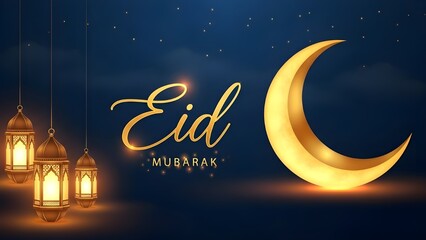 Ramadan eid mubarak wishes with lanterns and crescent moon