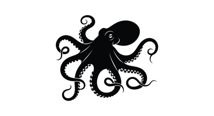 A striking black octopus design dominates a white background showcasing its tentacles and form as a silhouette high quality professional detailed © CreativeAlim02