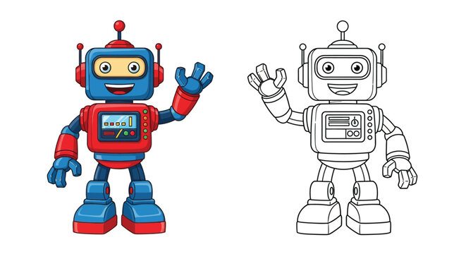 Cute Cartoon Robot Character in Color and Matching Black and White Outline Version