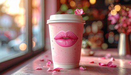 Pink paper coffee cup with lipstick kiss mark on a pink table by a window with blurred flowers and lights