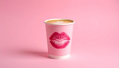 Pink paper coffee cup with pink lipstick kiss print on a solid pink background filled with cappuccino