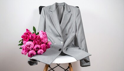 Gray women's suit jacket on chair with vibrant pink flowers bouquet classic cut empty stylish outfit