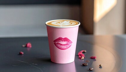 Pink paper coffee cup with pink lipstick design and latte art on a dark table with scattered flowers