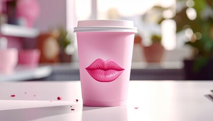Pink paper coffee cup with pink lipstick kiss mark on a white table in a bright cafe