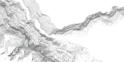 Detailed grey contour lines depicting a complex topographical map of mountainous terrain with winding valleys and ridges against a white background