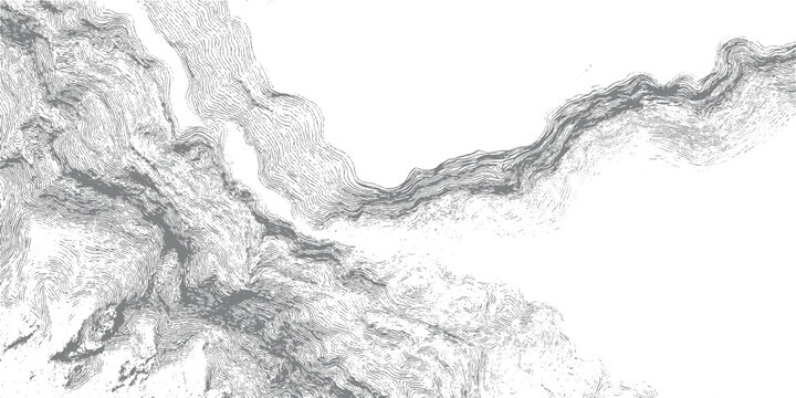 Detailed grey contour lines depicting a complex topographical map of mountainous terrain with winding valleys and ridges against a white background