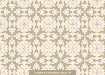 A seamless ornamental pattern featuring intricate beige and light brown geometric shapes on a cream background, creating a decorative and elegant design.