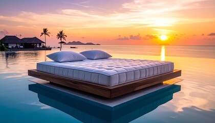 Floating double bed in infinity pool at sunset tranquil scene with ocean view and tropical huts