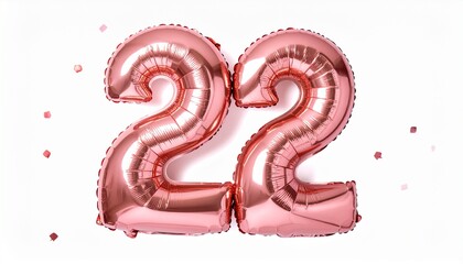 Shiny rose gold number two balloons for joyful birthday party celebration with confetti on white background
