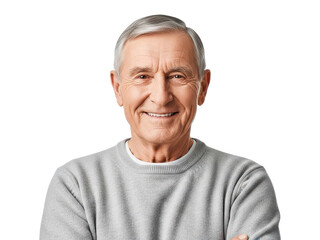 Obraz premium Smiling senior man with grey hair wearing a light grey sweater isolated on transparent background