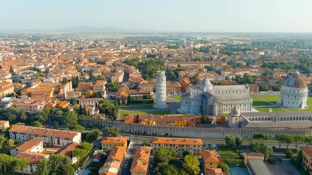 Pisa, Italy. The famous Leaning Tower and Pisa Cathedral in Piazza dei Miracoli. Summer. Evening hours. Drone footage, Point of interest