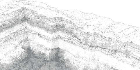 Fototapeta premium Detailed grayscale topographic map depicting layered geological strata and rugged terrain white monochrome