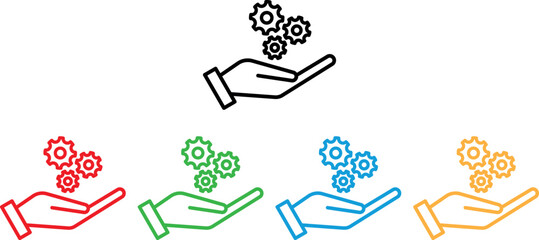 Colorful gears in hand icon set in different colors . Settings in hand icon . Vector illustration