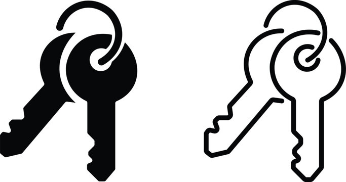 Two minimalist icons of keys on a ring, one solid black and one line art, symbolizing access and security.