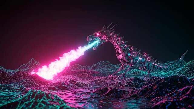 Geometric Dragon Breathing Fire in Neon Color Scheme Over Pixelated Landscape in Dark Futuristic Design for Adobe Stock