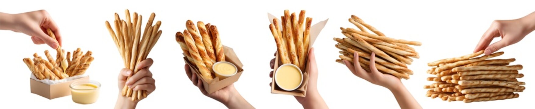 Set of hand holding classic Italian Grissini bread stick breadsticks, thin crispy long dry baked, takeaway box with cream cheese, pile stack, transparent cutout PNG. Many different style. Mockup